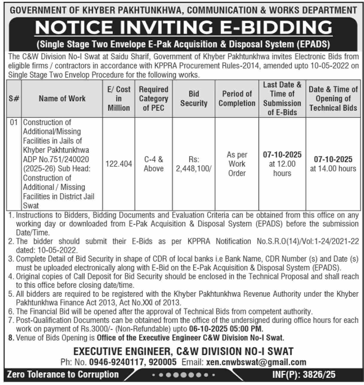 Communication & Works Department KPK Tender Notice